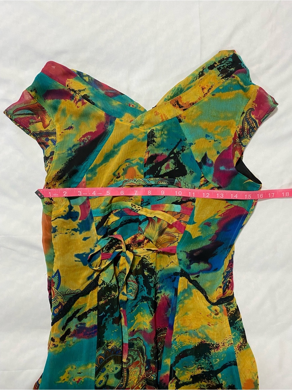 Retro style Abstract Yellow & Teal Maxi Dress with watercolor Print - Picture 3 of 6